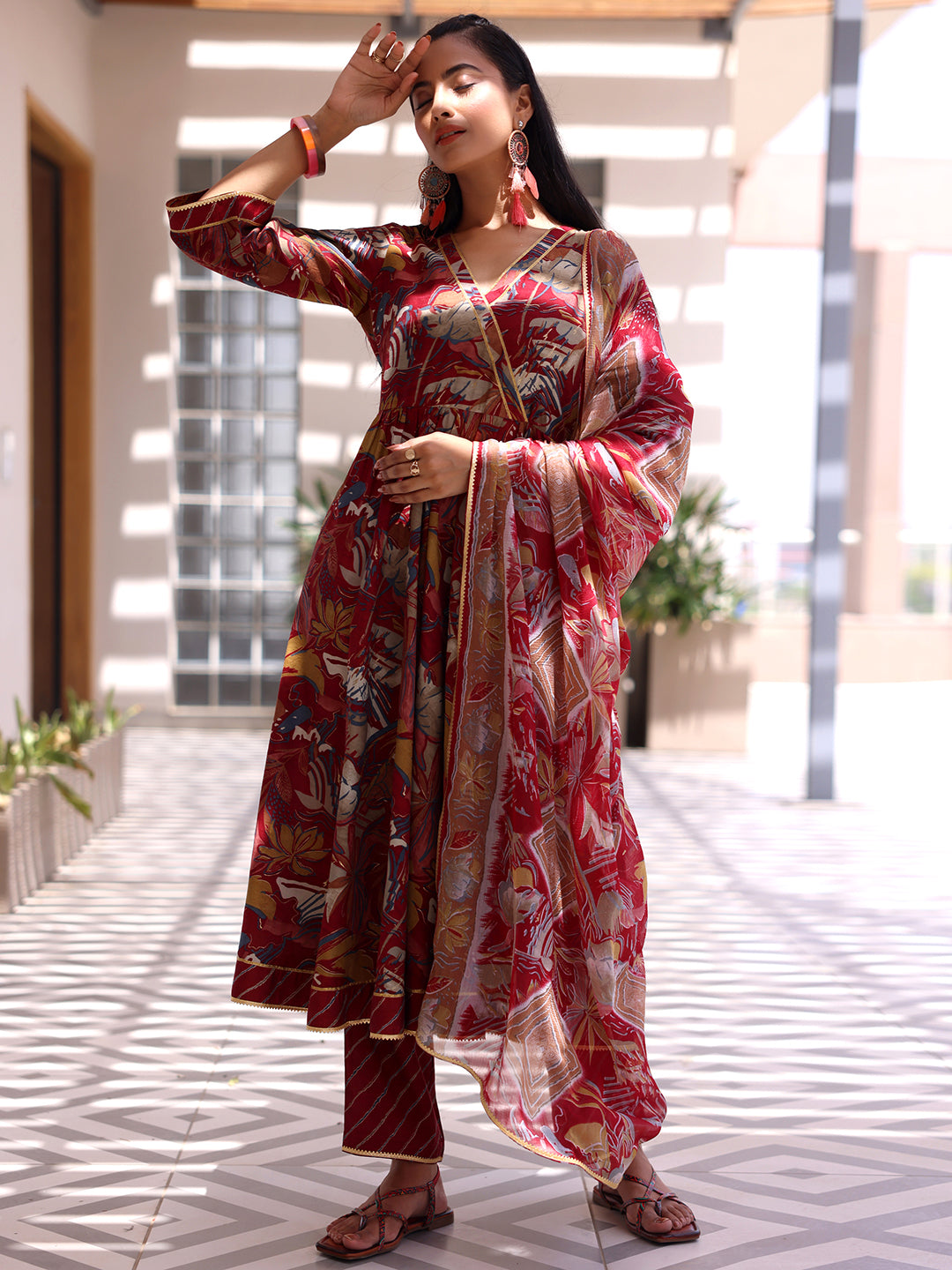  Maroon Printed Silk Blend Anarkali Suit With Dupatta 