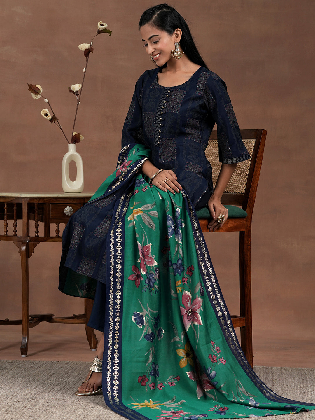 Blue Printed Silk Blend Straight Suit With Dupatta