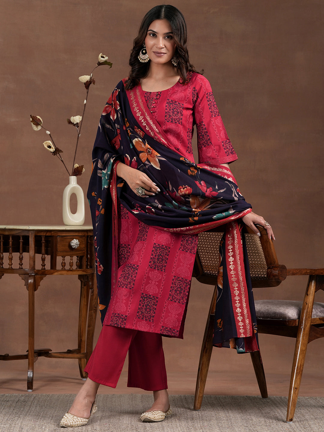  Red Printed Silk Blend Straight Suit With Dupatta 