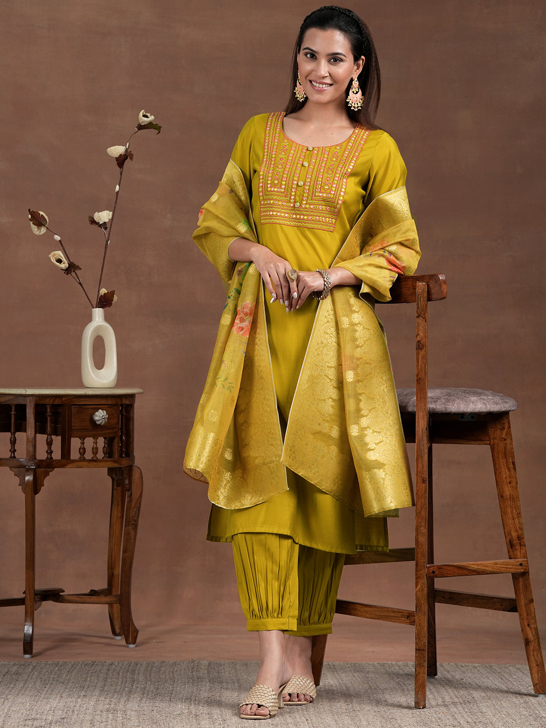  Mustard Yoke Design Silk Blend Straight Suit With Dupatta 