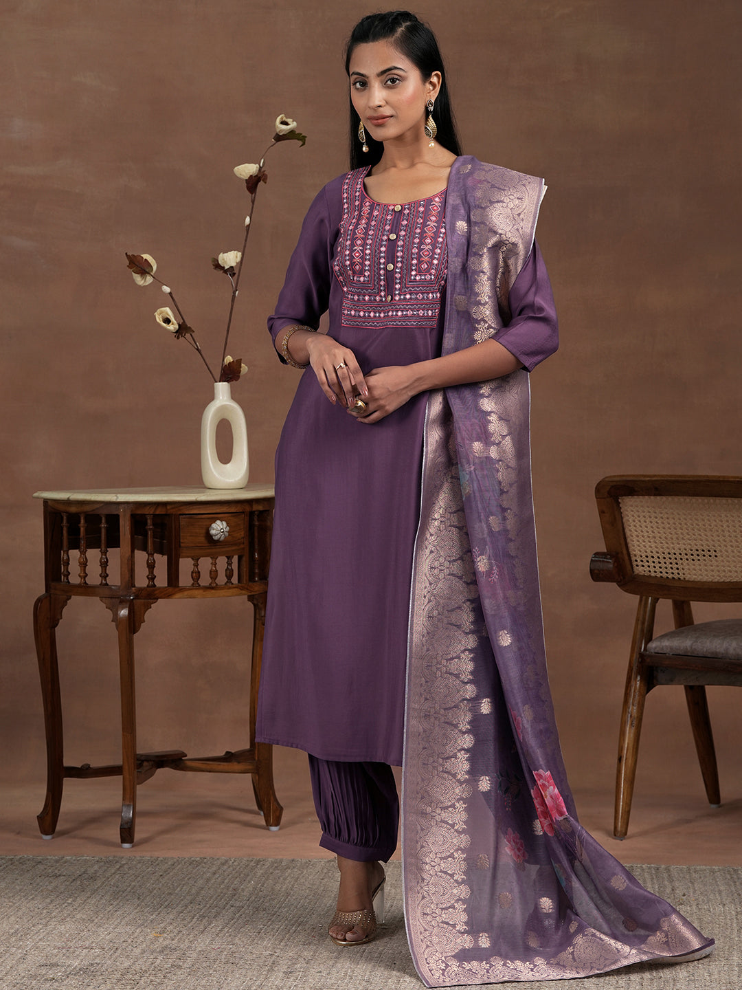 Purple Yoke Design Silk Blend Straight Suit With Dupatta