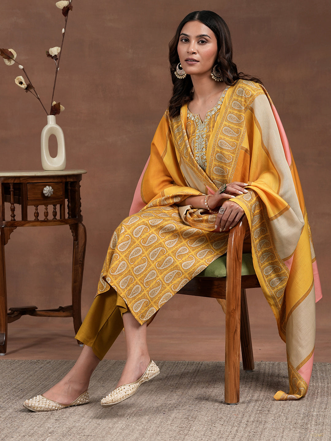  Mustard Printed Silk Blend Straight Suit With Dupatta 