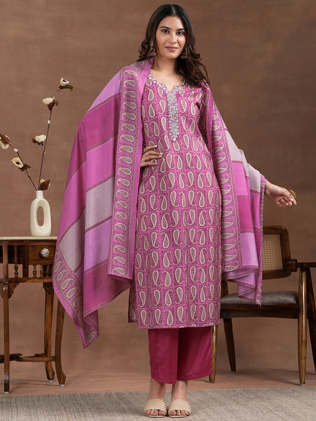  Pink Printed Silk Blend Straight Suit With Dupatta 