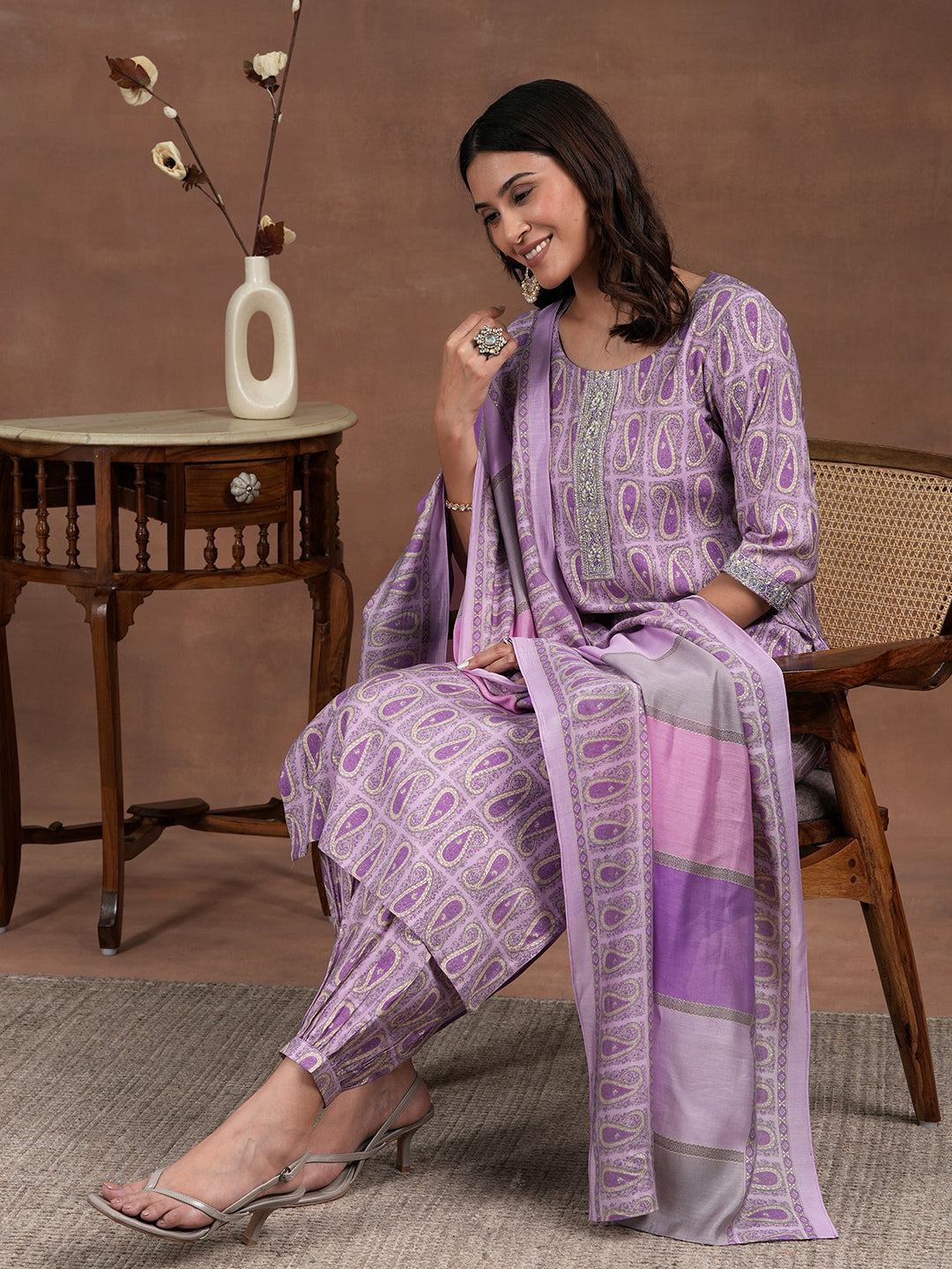  Purple Printed Silk Blend Straight Suit With Dupatta 