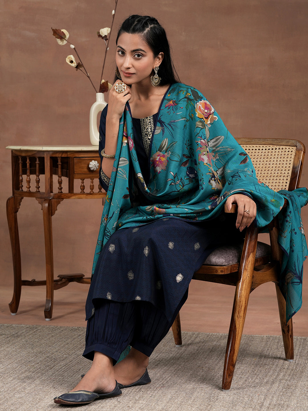 Blue Printed Silk Blend Straight Suit With Dupatta