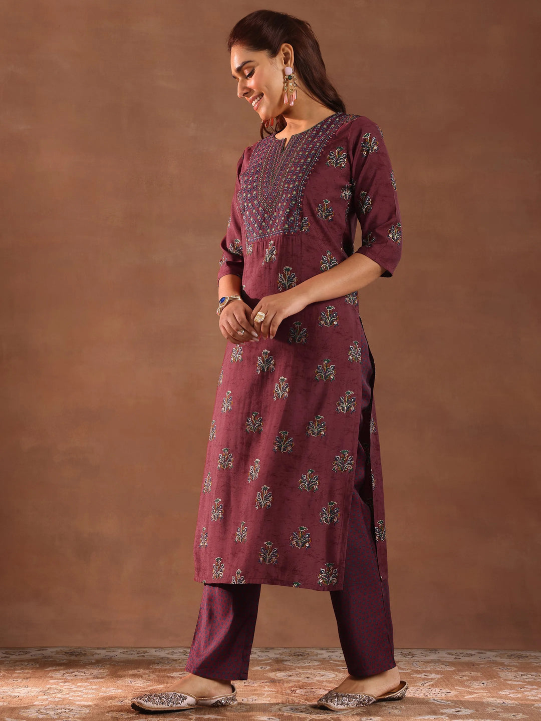  Rust Printed Silk Blend Straight Suit With Dupatta 