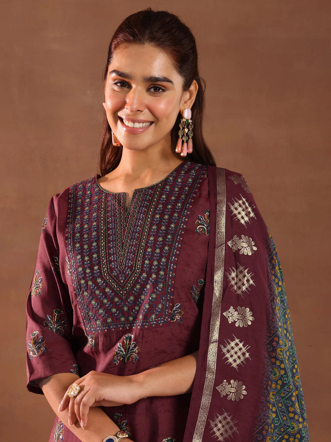  Rust Printed Silk Blend Straight Suit With Dupatta 