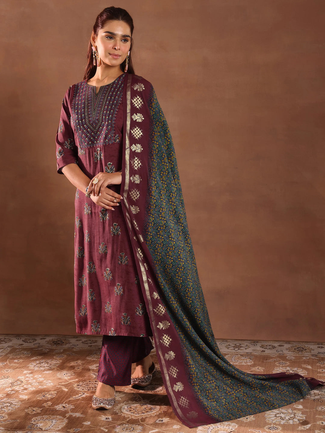  Rust Printed Silk Blend Straight Suit With Dupatta 