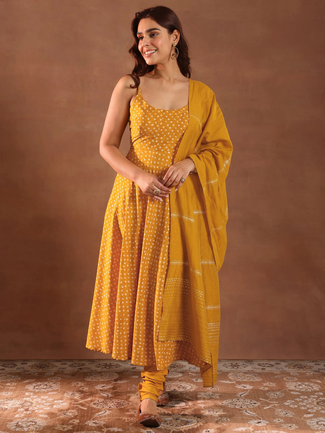  Mustard Printed Silk Blend Anarkali Suit With Dupatta 