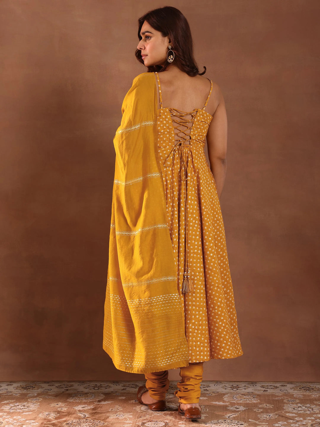  Mustard Printed Silk Blend Anarkali Suit With Dupatta 