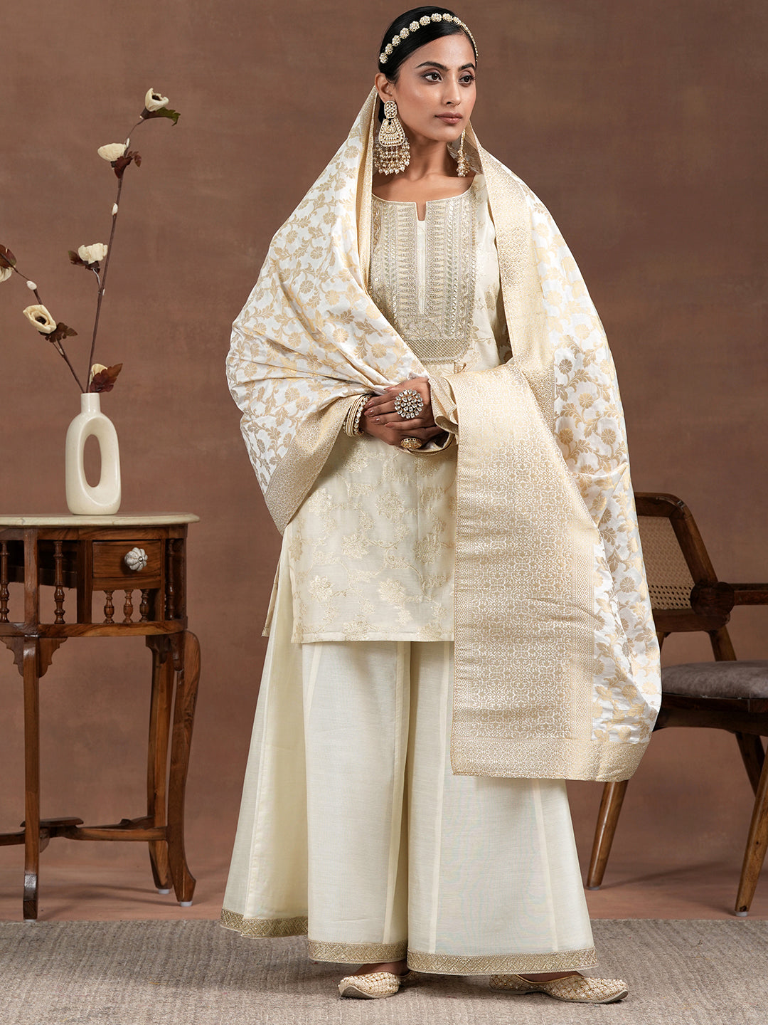  Off White Woven Design Chanderi Silk Straight Suit With Dupatta 