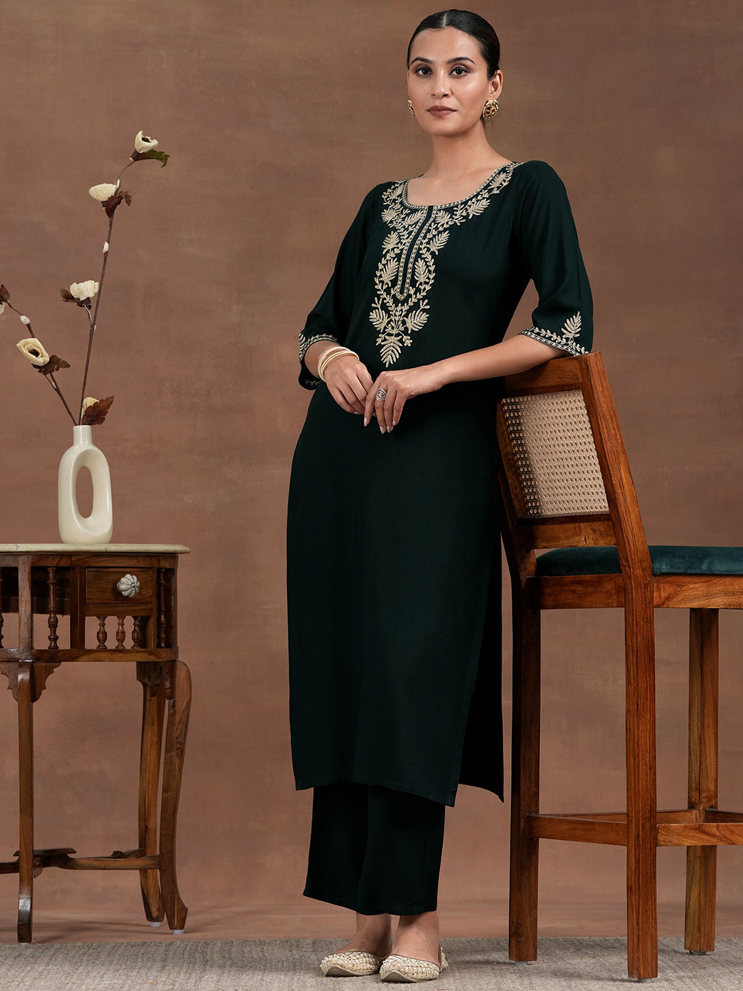 Green Yoke Design Rayon Straight Kurta Set