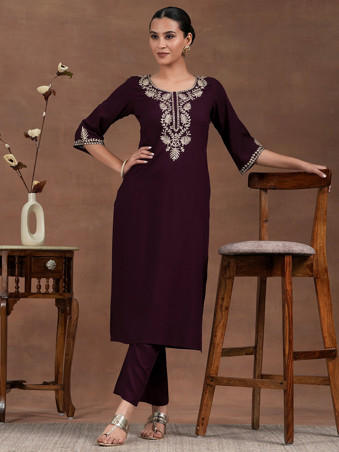 Wine Yoke Design Rayon Straight Kurta Set