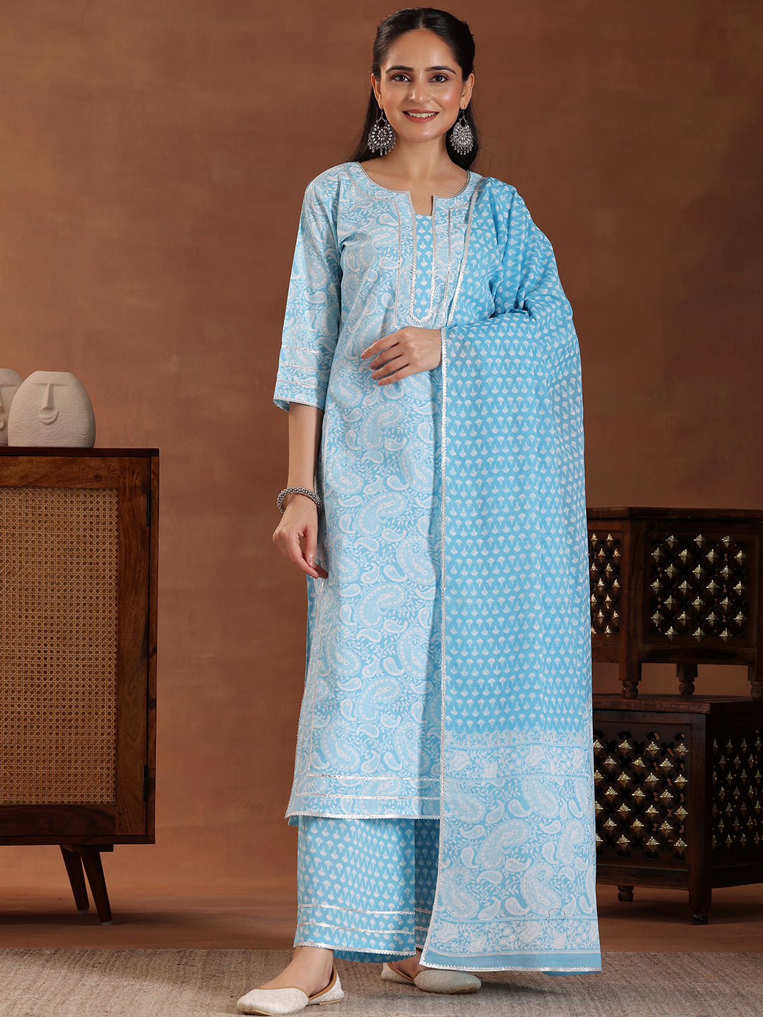  Blue Printed Cotton Straight Suit With Dupatta 