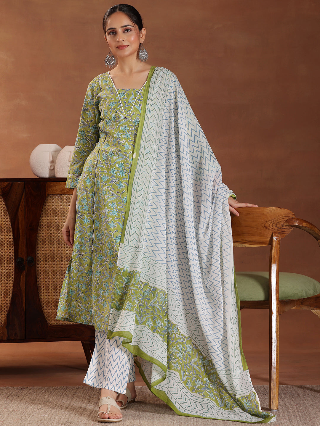 Green Printed Cotton Straight Suit With Dupatta