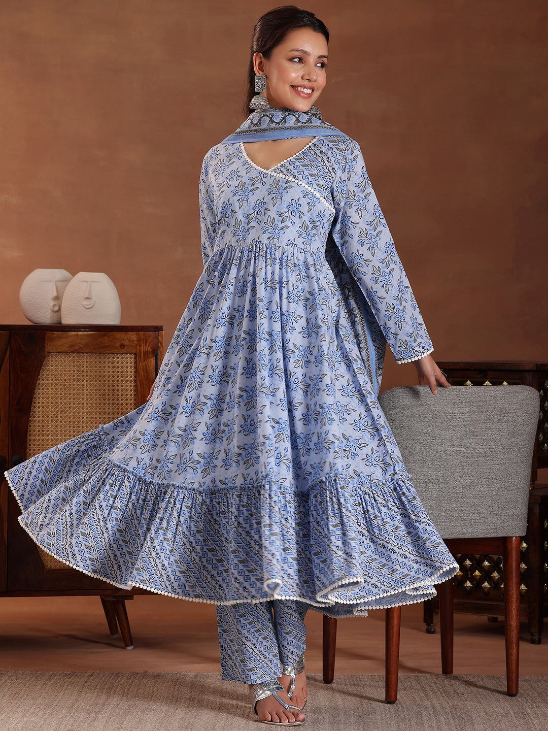  Blue Printed Cotton Anarkali Suit With Dupatta 