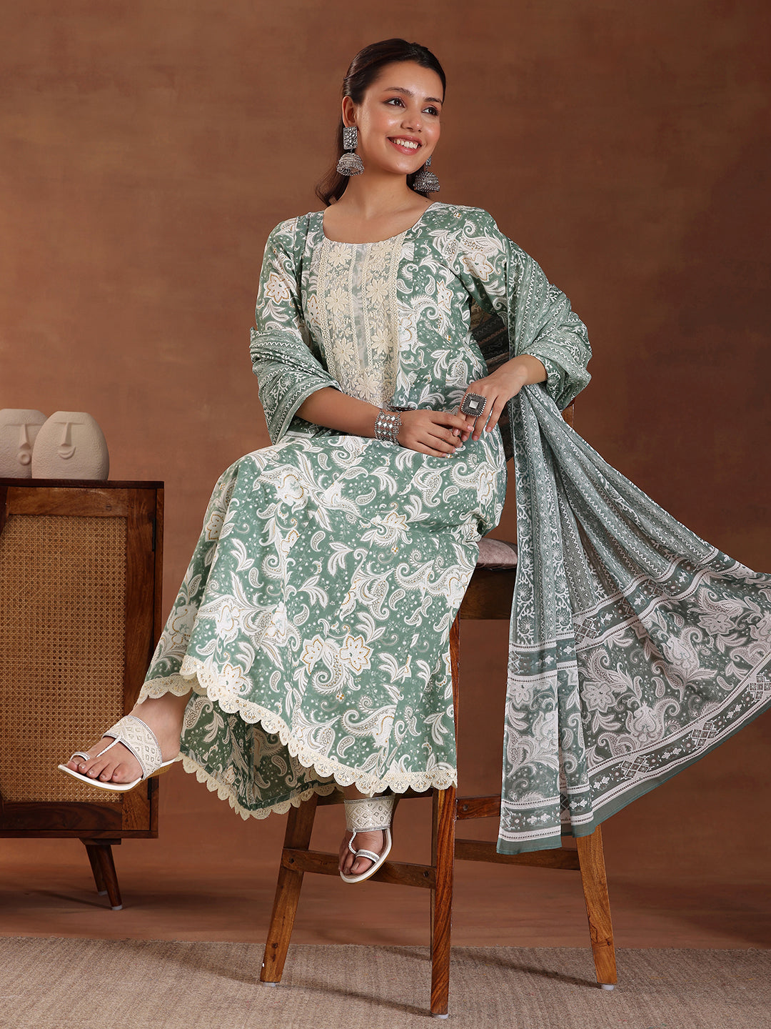  Green Printed Cotton Anarkali Suit With Dupatta 