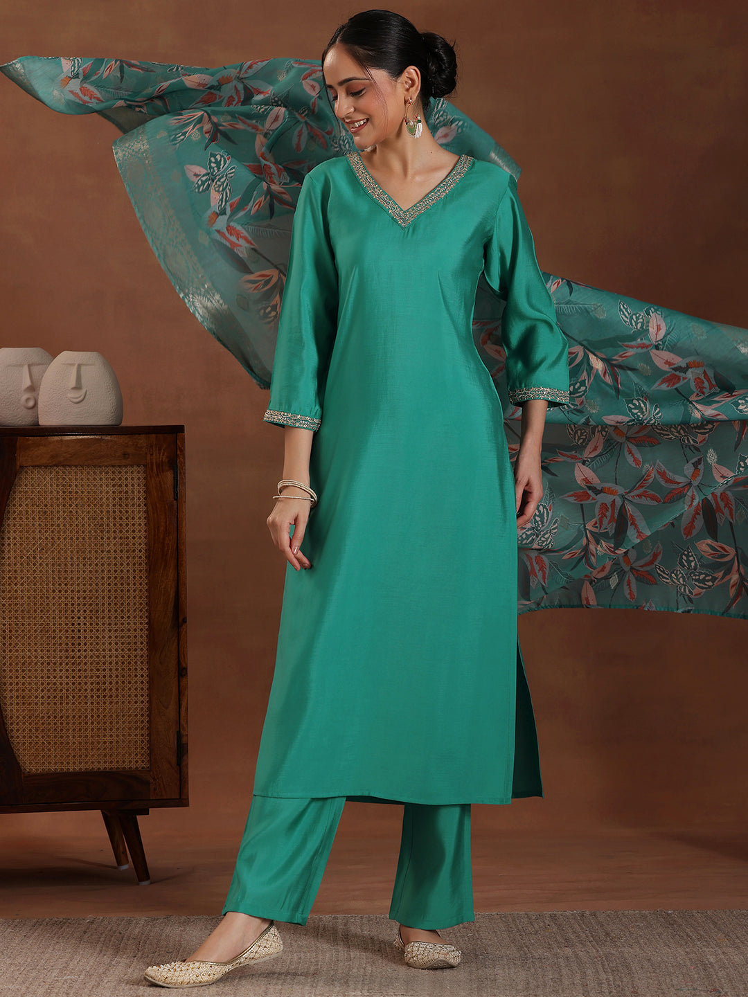 Blue Solid Silk Blend Straight Suit With Dupatta