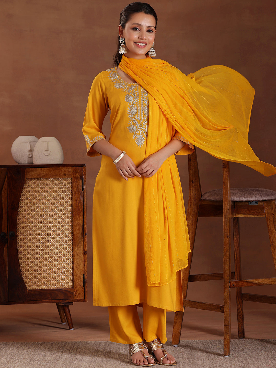  Mustard Yoke Design Rayon Straight Suit With Dupatta 