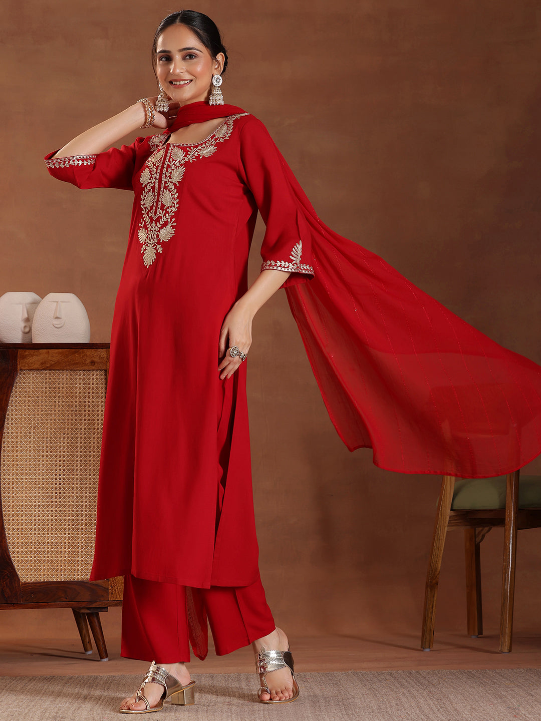 Red Yoke Design Rayon Straight Suit With Dupatta