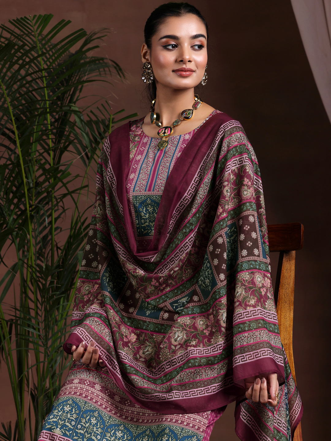 Brown Printed Poly Crepe Straight Suit With Dupatta