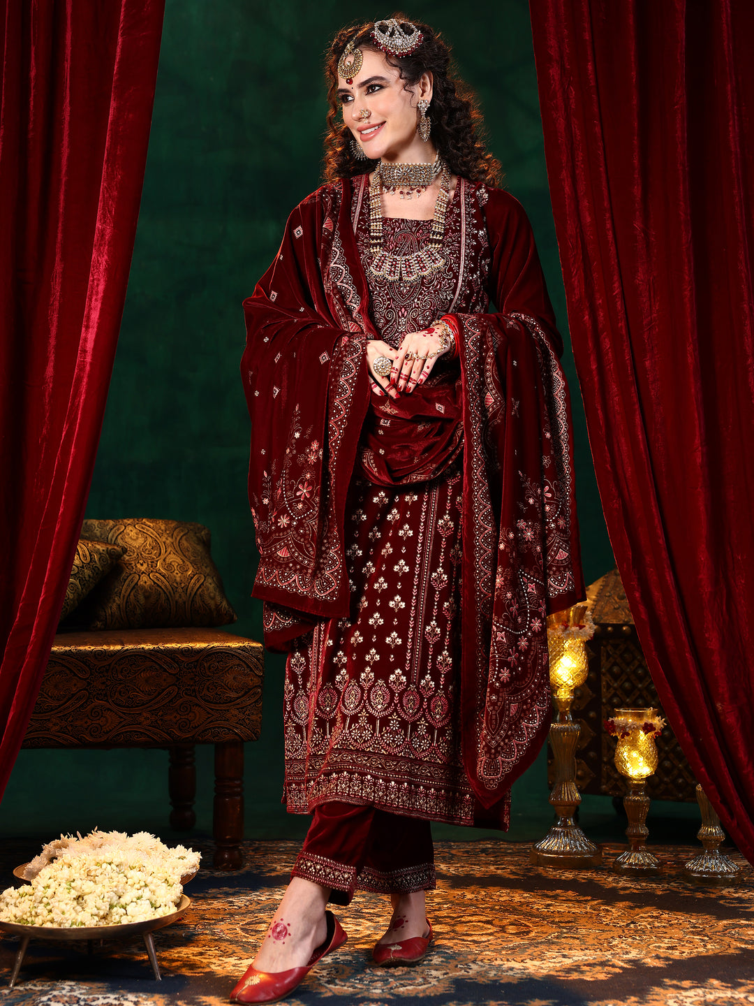 Maroon Embroidered Velvet Straight Suit With Dupatta