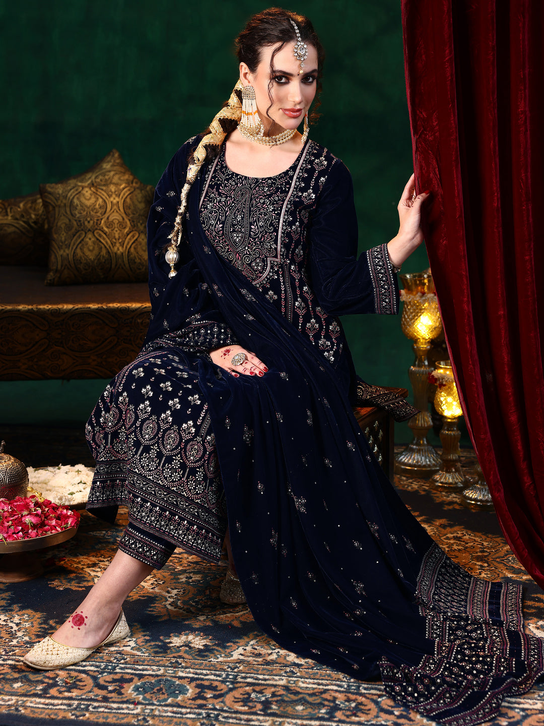 Blue Embroidered Velvet Straight Suit With Dupatta