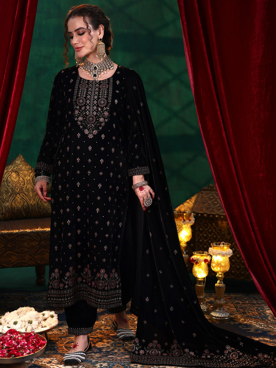  Black Embroidered Velvet Straight Suit With Dupatta 