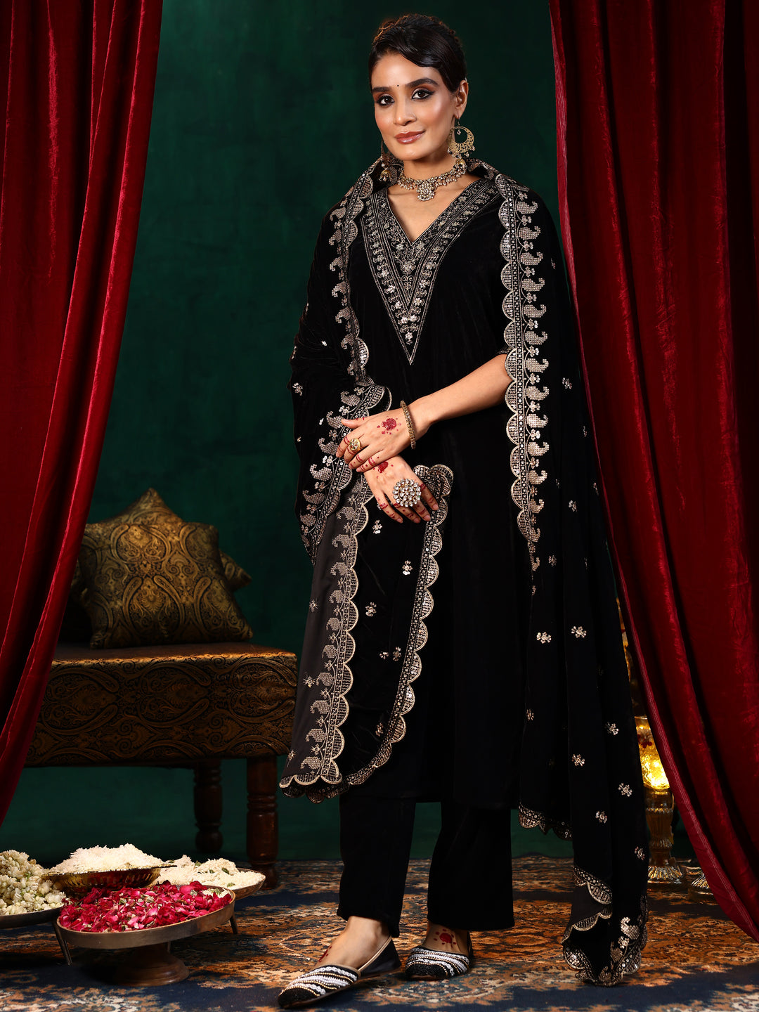 Black Yoke Design Velvet Straight Suit With Dupatta