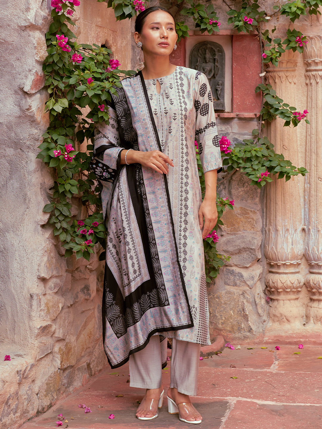  Grey Printed Silk Blend Straight Suit With Dupatta 