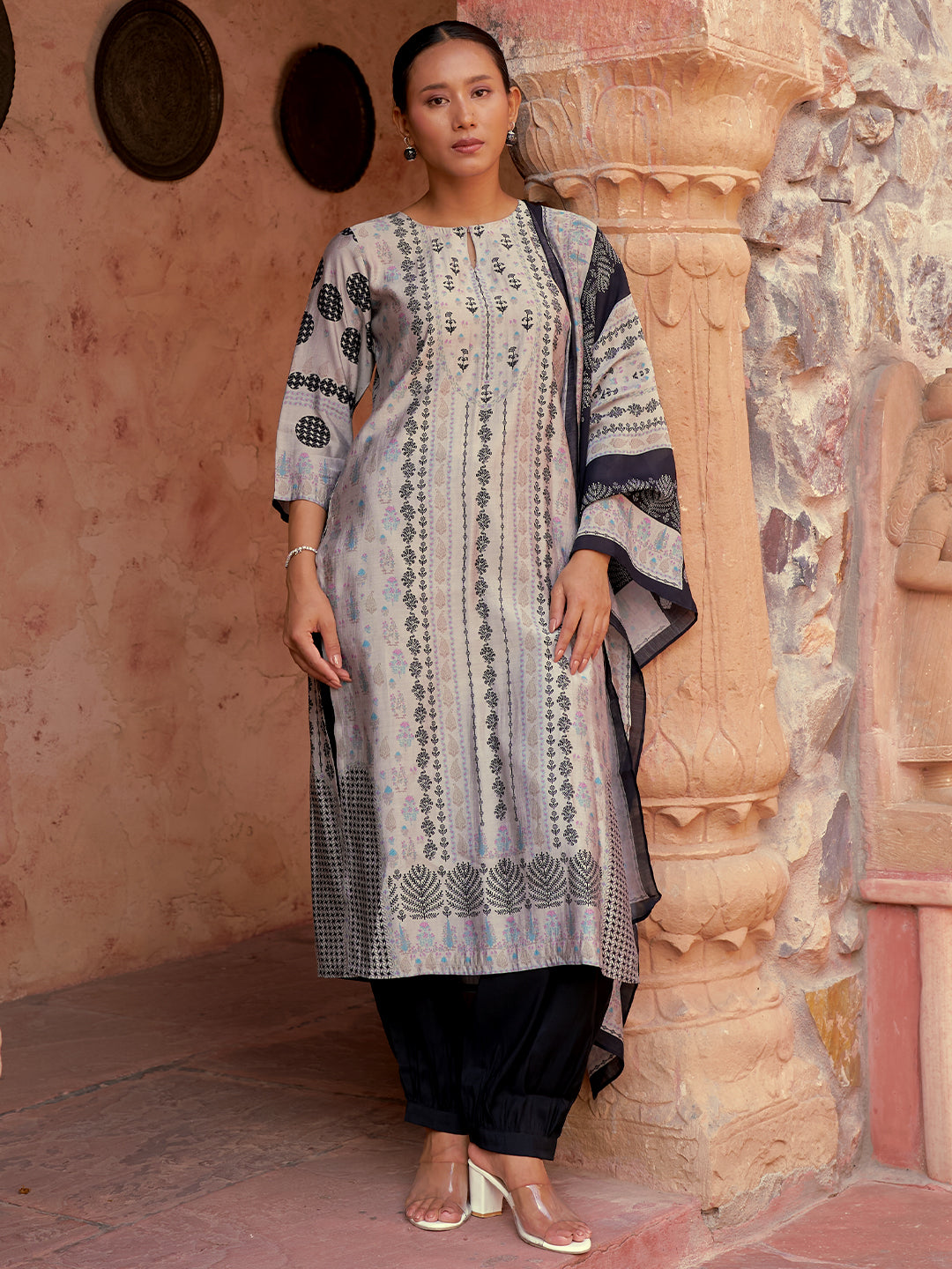 Grey Printed Silk Blend Straight Suit With Dupatta