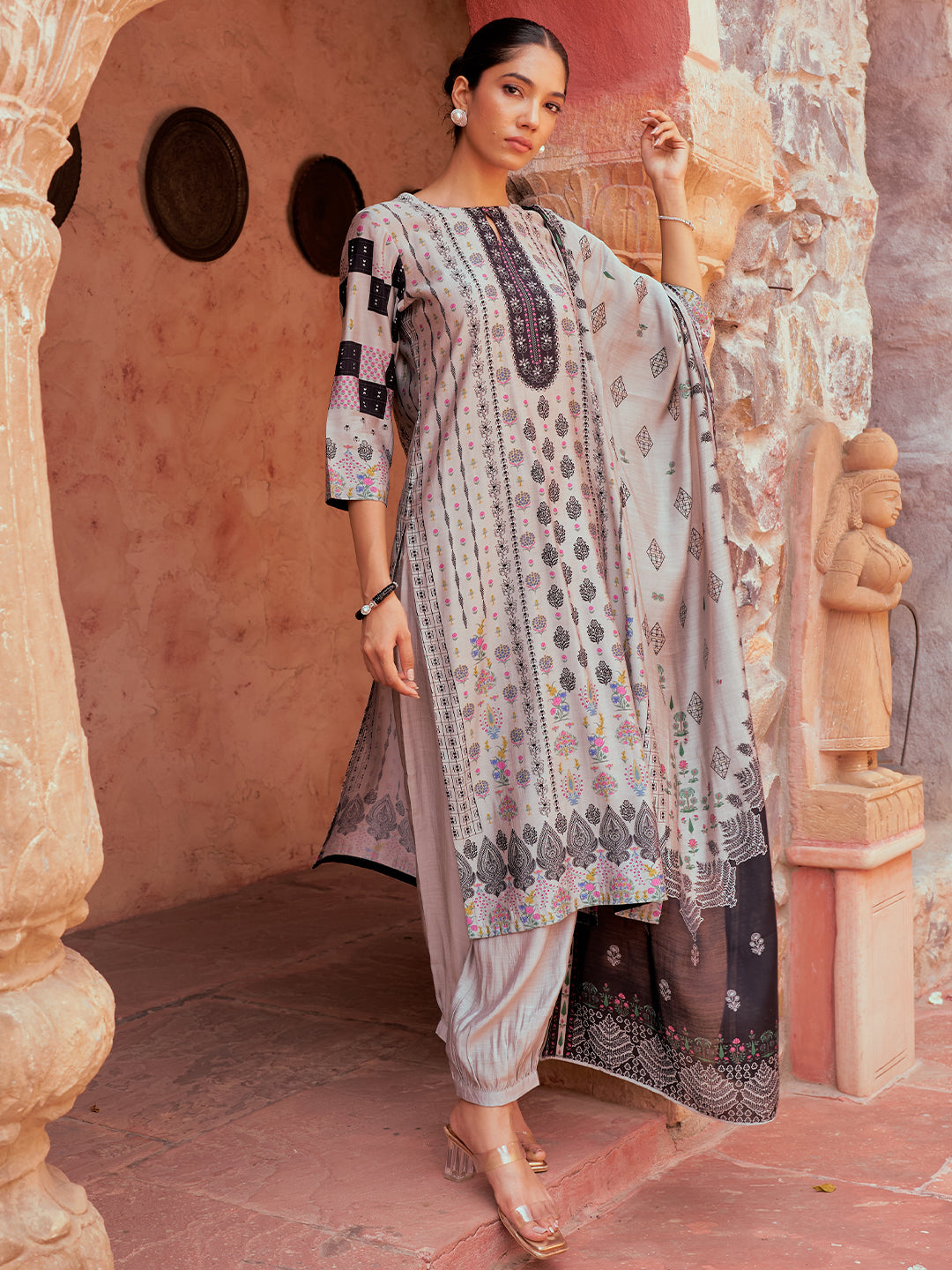  Grey Printed Silk Blend Straight Suit With Dupatta 