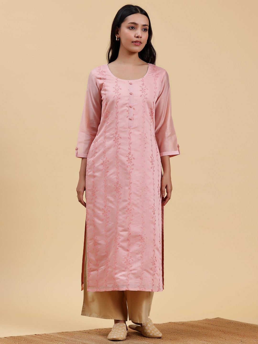 Peach Embroidered Chanderi Silk Straight Kurta - Libas