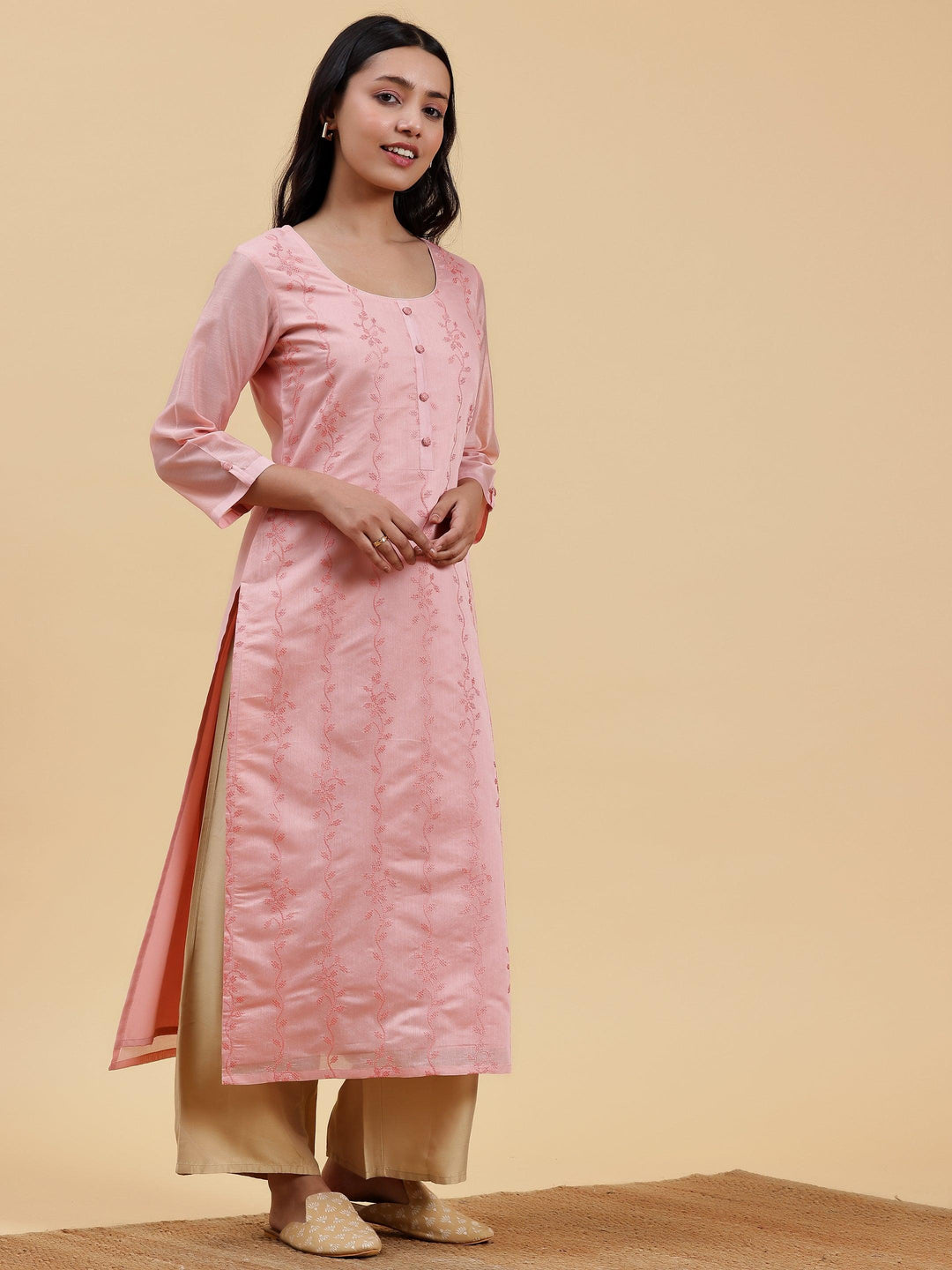 Peach Embroidered Chanderi Silk Straight Kurta - Libas