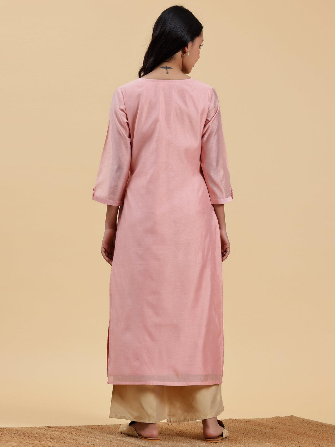 Peach Embroidered Chanderi Silk Straight Kurta - Libas