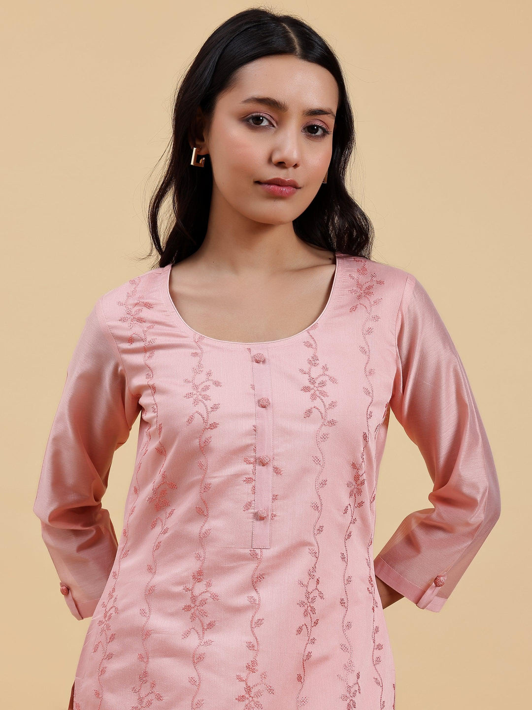 Peach Embroidered Chanderi Silk Straight Kurta - Libas 