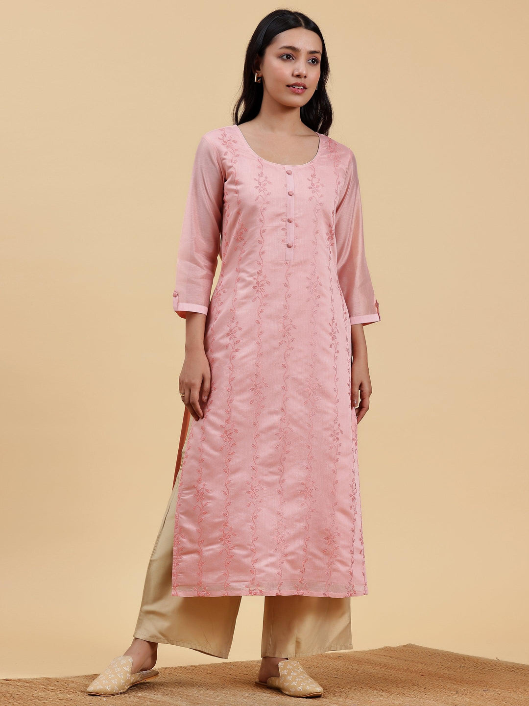 Peach Embroidered Chanderi Silk Straight Kurta - Libas 