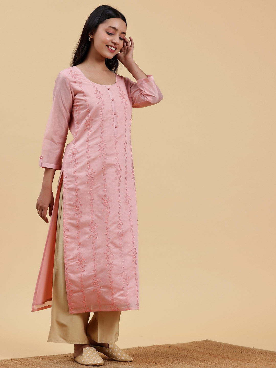 Peach Embroidered Chanderi Silk Straight Kurta - Libas 