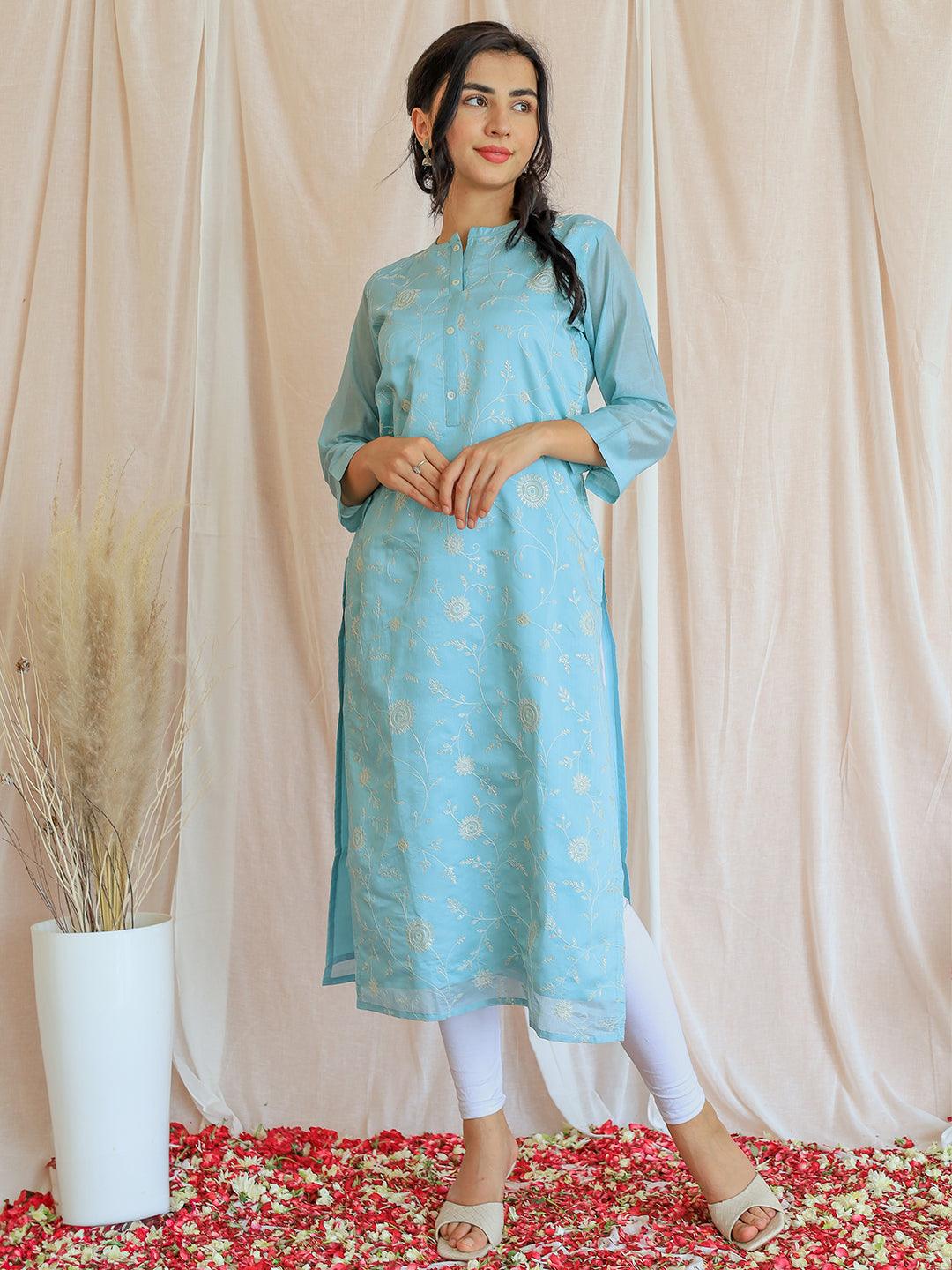 Blue Embroidered Chanderi Silk Straight Kurta - Libas