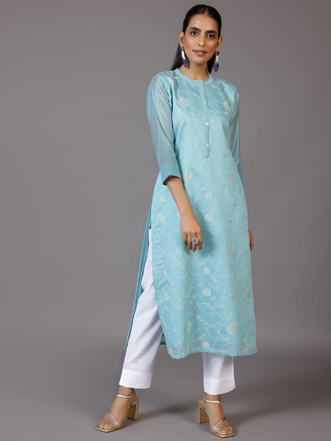 Blue Embroidered Chanderi Silk Straight Kurta - Libas