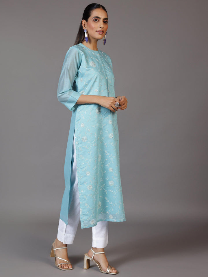 Blue Embroidered Chanderi Silk Straight Kurta - Libas