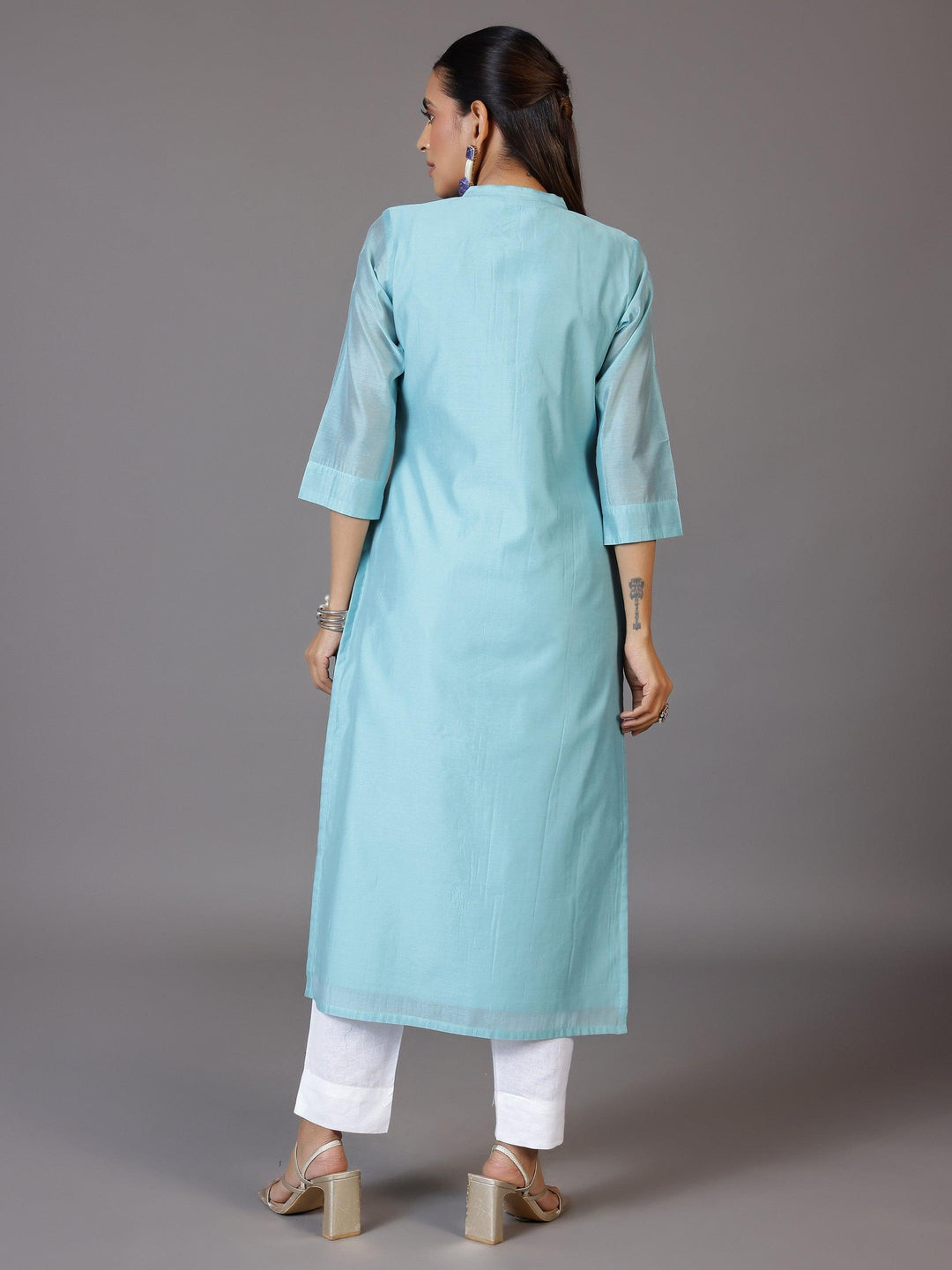 Blue Embroidered Chanderi Silk Straight Kurta - Libas