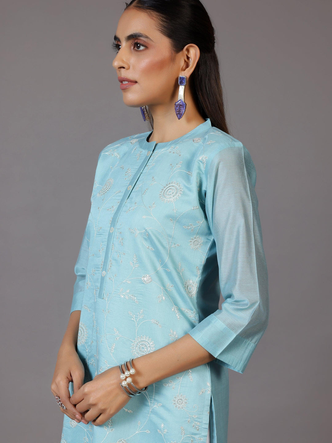 Blue Embroidered Chanderi Silk Straight Kurta - Libas