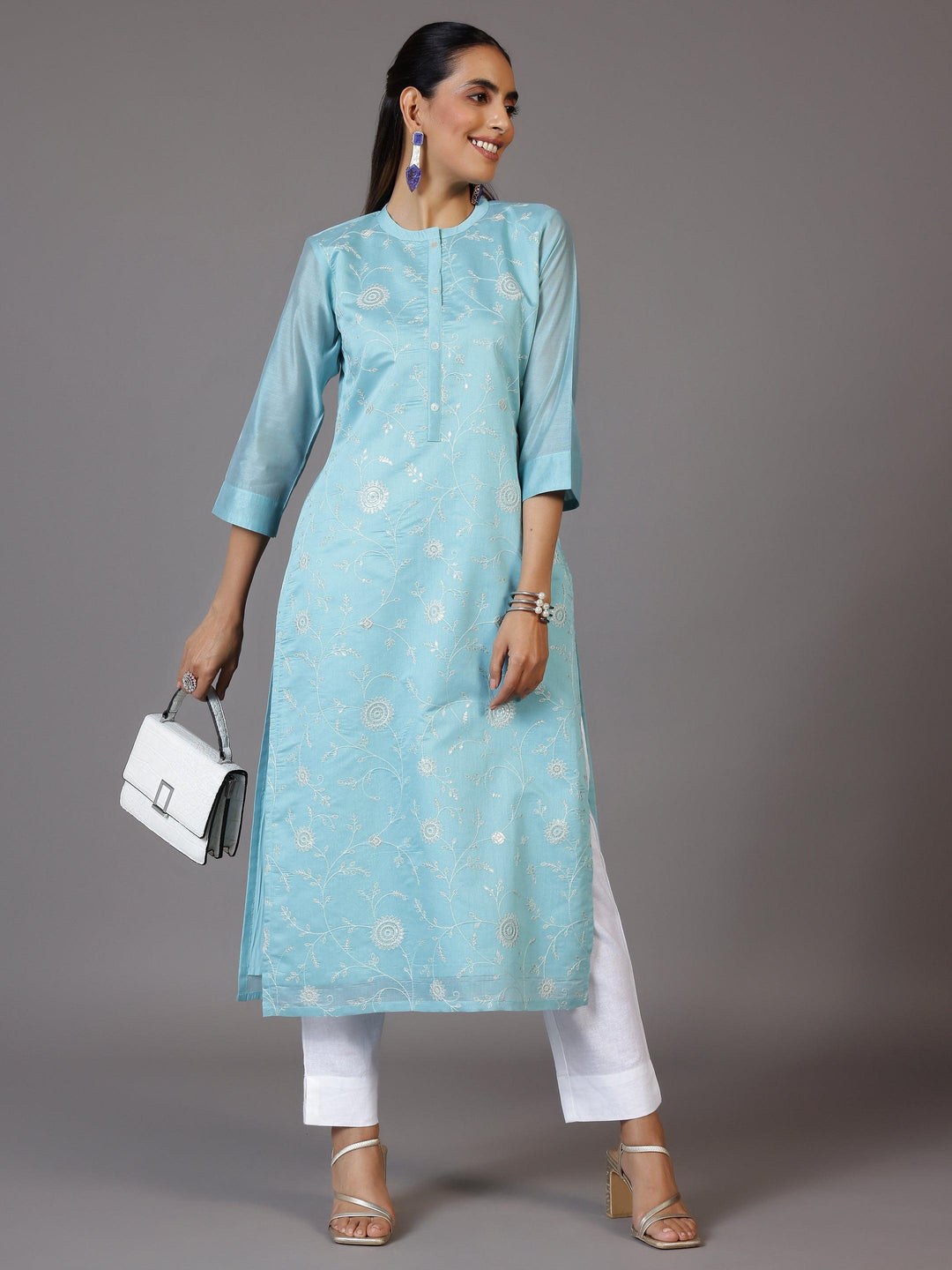 Blue Embroidered Chanderi Silk Straight Kurta - Libas