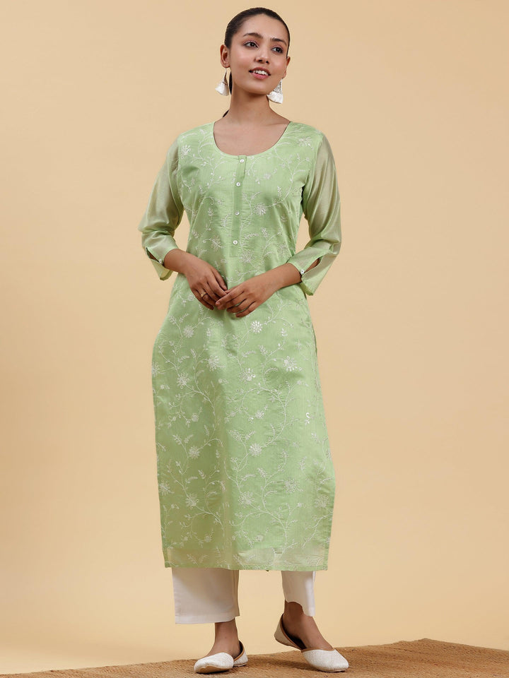 Green Embroidered Chanderi Silk Straight Kurta - Libas