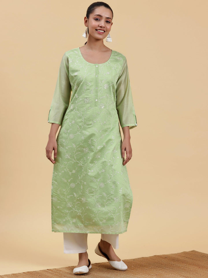 Green Embroidered Chanderi Silk Straight Kurta - Libas