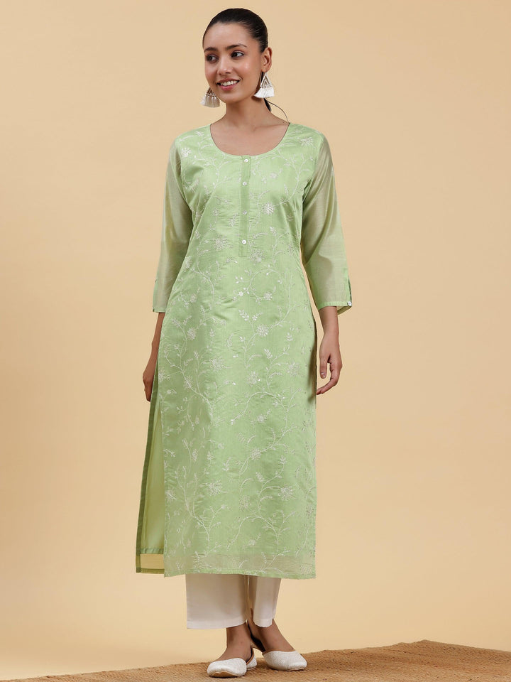 Green Embroidered Chanderi Silk Straight Kurta - Libas