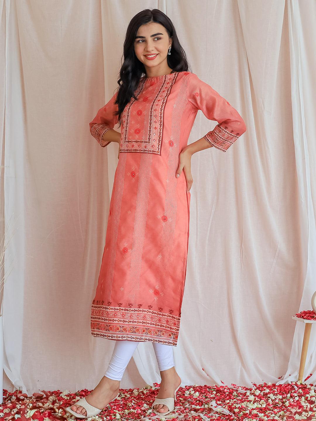 Pink Printed Chanderi Silk Straight Kurta - Libas