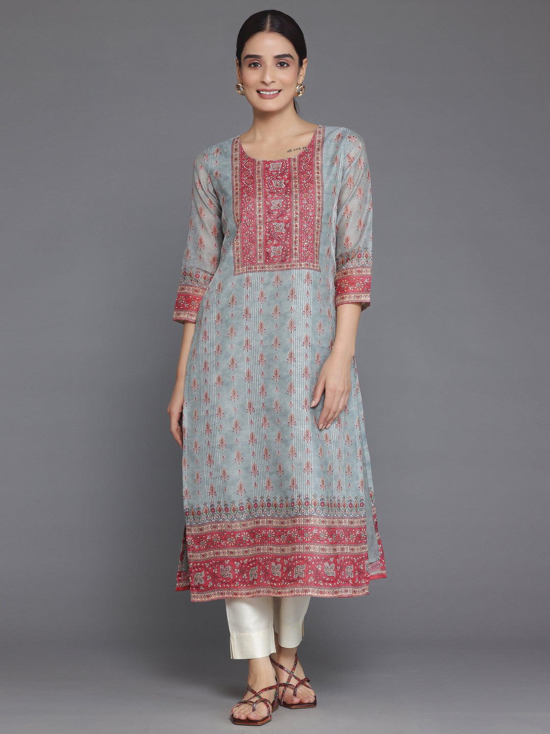 Grey Printed Chanderi Silk Straight Kurta - Libas 