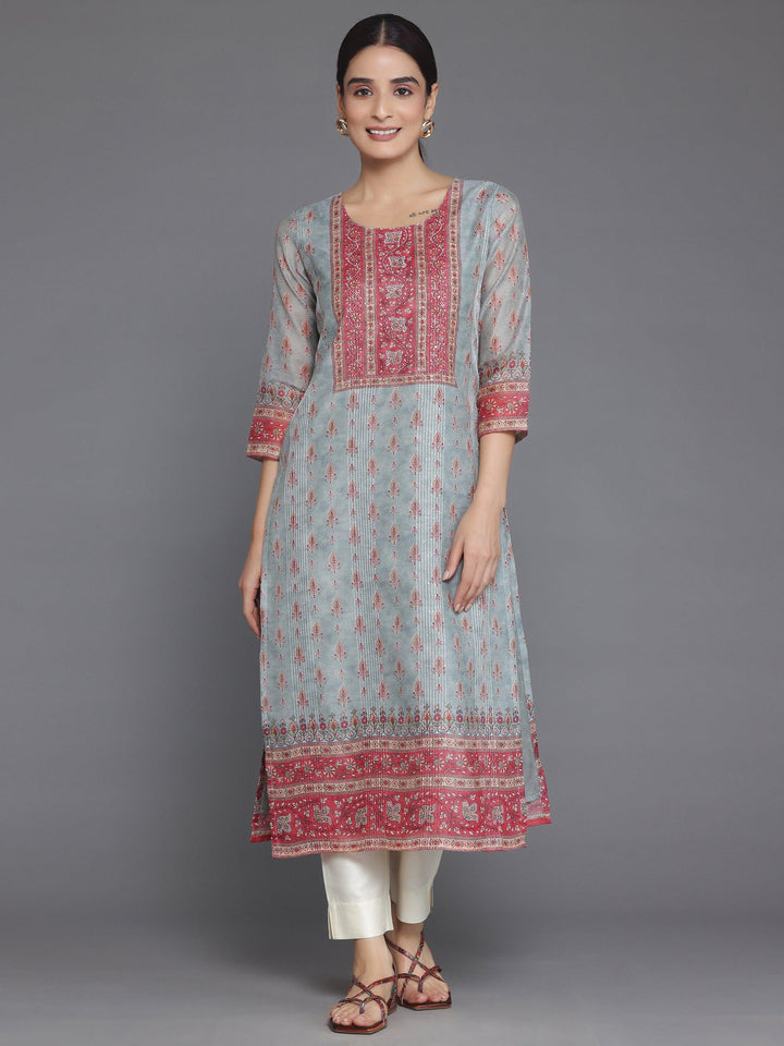 Grey Printed Chanderi Silk Straight Kurta - Libas